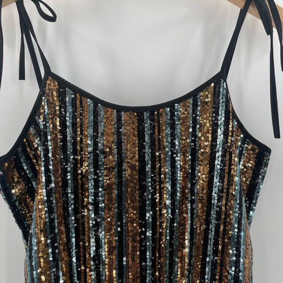 SAY WHAT? Sequin Tank Size Medium Stripe Button Back Tie Straps Open Back Party - Picture 9 of 14